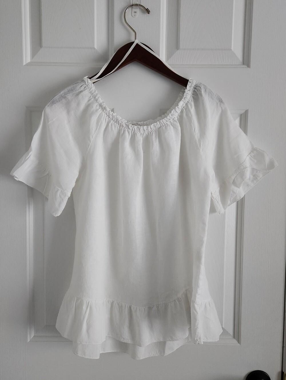 Terzo Millennio 100% Linen White Peasant Ruffle-Sleeve Top Made In Italy